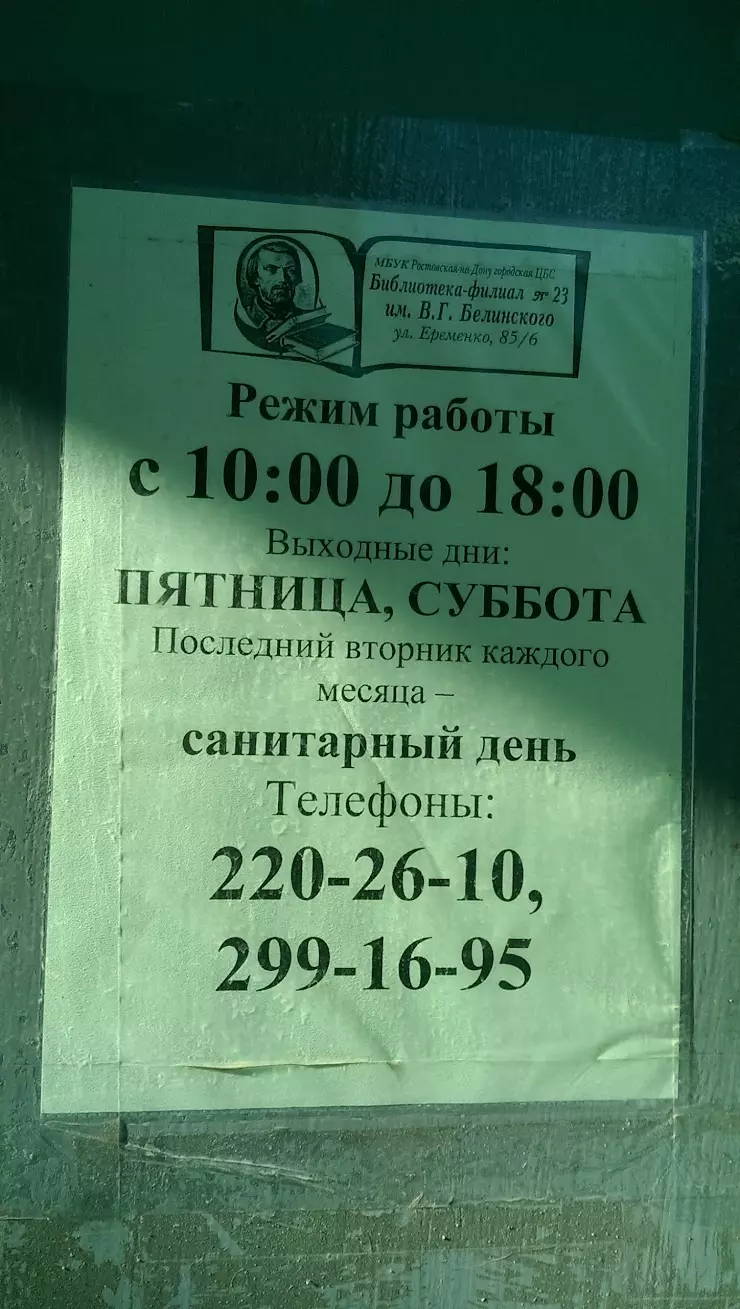 Библиотека им. Белинского в Ростове-на-Дону, ул. Ерёменко, 85/6 - фото,  отзывы 2024, рейтинг, телефон и адрес